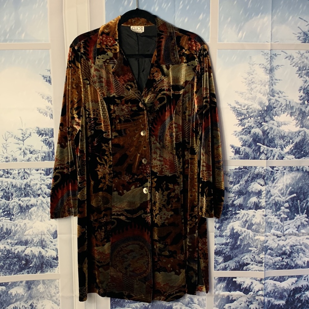 SOLD- Clio II Tapestry Peacock Floral Button Down Collar Velour Jacket Vintage - Picture 11 of 16